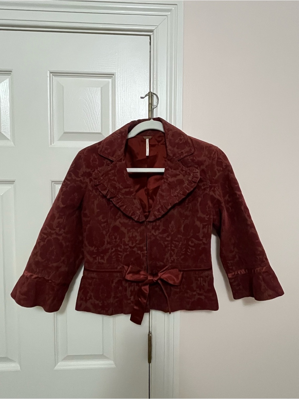 Free People Burgundy Ruffled Velvet Jacket with Waist Tie